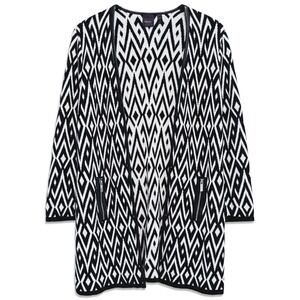 Rafaella Open Front Cardigan Womens PM Black White Geometric‎ Faux Leather Trim